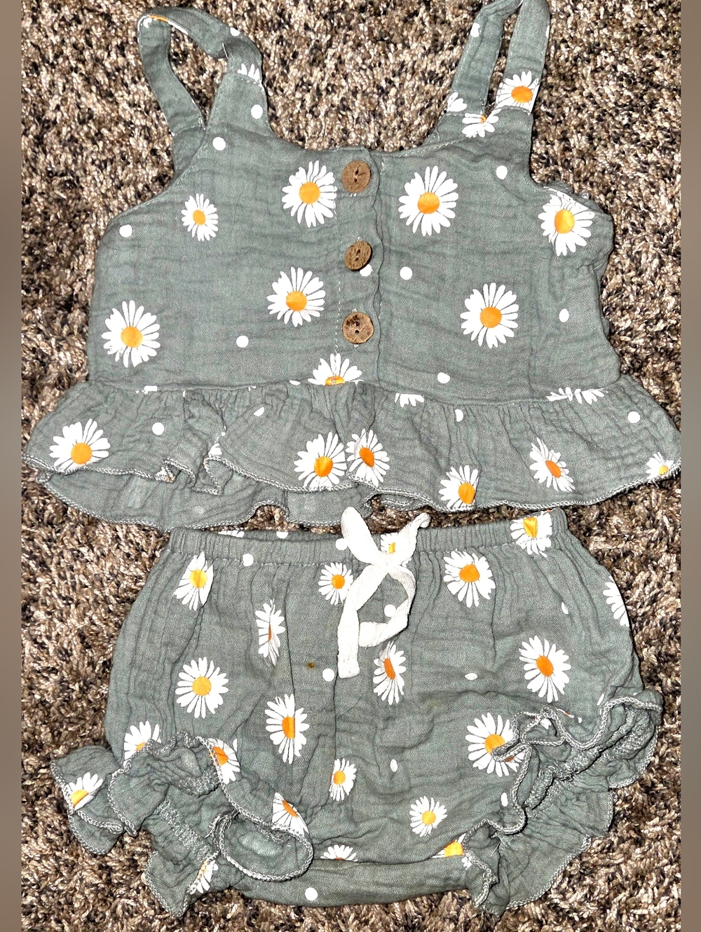 Girls Green Daisy Ruffle Tank & Shorts Set